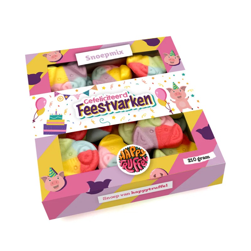 Gefeliciteerd feestvarken | Snoepdoosje | 210 gr.